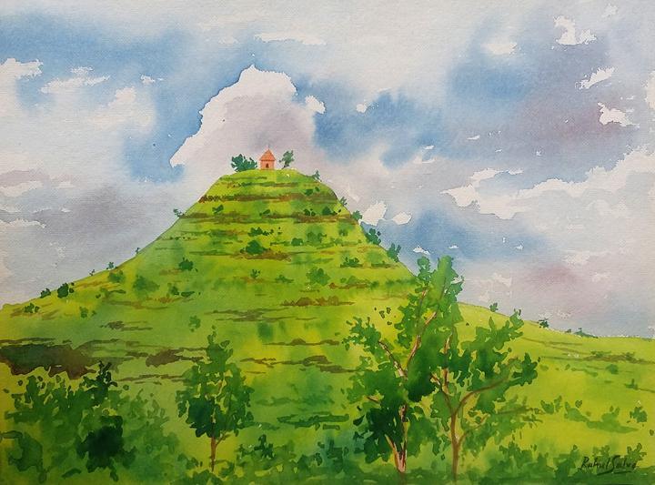 Landscape watercolor painting titled 'Temple on the hill', 15x11 inches, by artist Rahul Salve on Paper