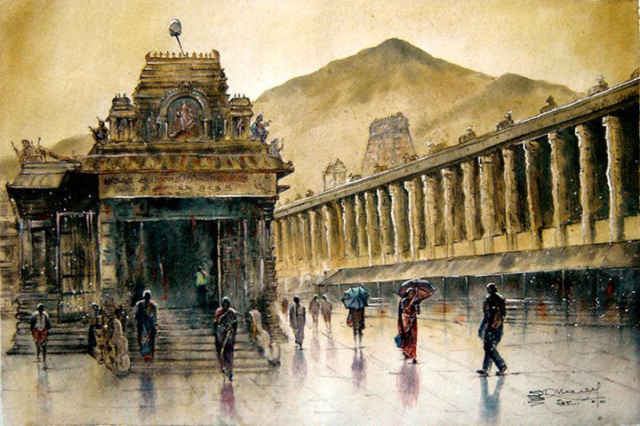 Cityscape watercolor painting titled 'Temple Rainey', 22x15 inches, by artist SRV ARTIST on Handmade Paper