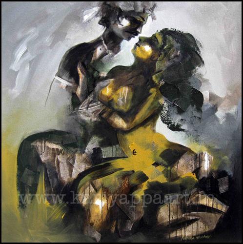 Figurative acrylic painting titled 'Temple Sculpture', 40x40 inches, by artist Kariyappa Hanchinamani on Canvas