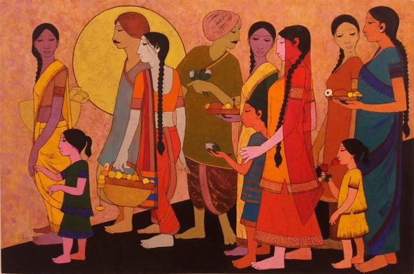 Figurative acrylic painting titled 'Temple Surrounding', 48x72 inches, by artist Rahul Mhetre on Canvas