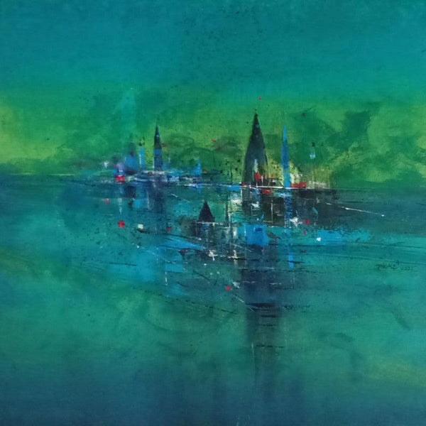 Abstract acrylic painting titled 'Temple View', 30x30 inches, by artist Dnyaneshwar Dhavale on Canvas