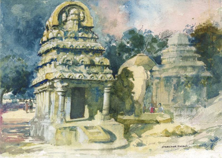 Scenic watercolor painting titled 'Temple Watercolor', 10x14 inches, by artist Sankara Babu on Paper