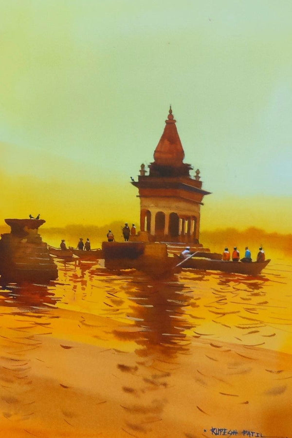 Religious watercolor painting titled 'Temples At River', 16x12 inches, by artist Rupesh Patil on Paper