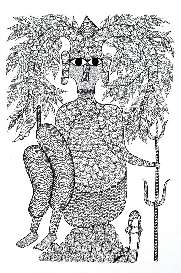 Folk Art gond traditional art titled 'Thakur Dev Baba Creator Of Earth Gond', 14x10 inches, by artist Umaid Singh Patta on Paper