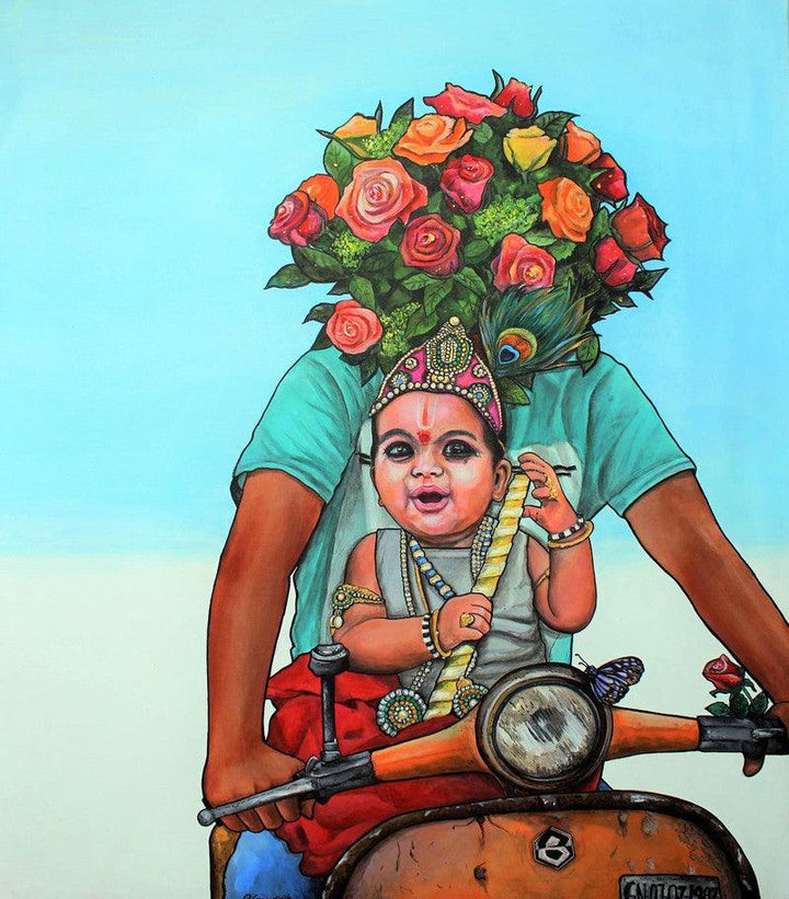 Religious acrylic painting titled 'Thank You God 3', 44x36 inches, by artist Gangu Naidu Pv on Canvas