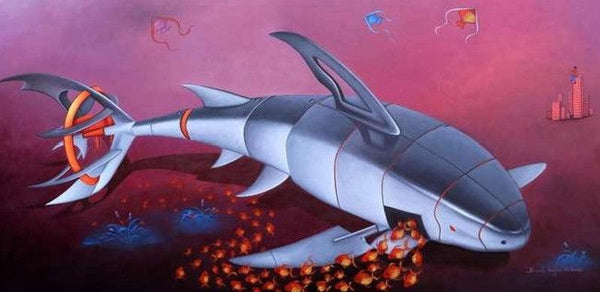 Animals acrylic painting titled 'The Ability Of Robert Fish', 36x72 inches, by artist Bikash Mohanta on Canvas