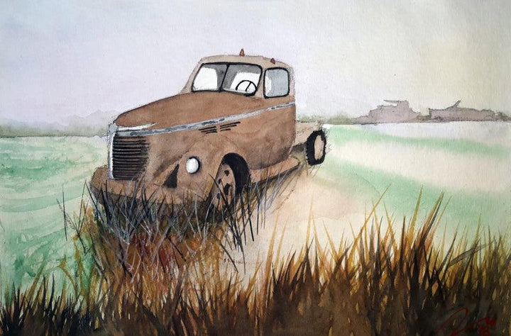 Transportation watercolor painting titled 'The Abondoned', 8x11 inches, by artist Arunava Ray on Paper