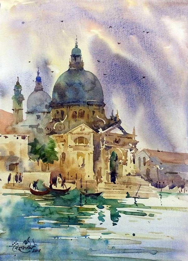 Landscape watercolor painting titled 'The Accademia Galleries', 8x11 inches, by artist Vikrant Shitole on Paper