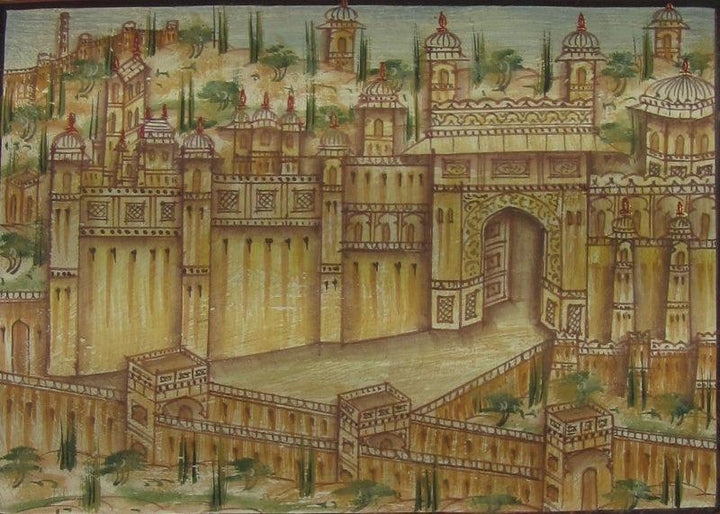 Place miniature traditional art titled 'The Amer Fort', 5x7 inches, by artist Unknown on Paper