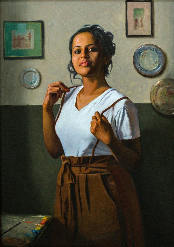 Figurative oil painting titled 'The Artist', 36x24 inches, by artist Mahesh Soundatte on Linen