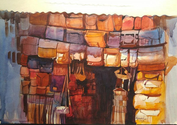 Cityscape watercolor painting titled 'The Bag House', 11x16 inches, by artist Bijay Biswaal on Paper