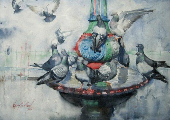 Animals watercolor painting titled 'The Bath', 22x36 inches, by artist Vijay Jadhav on paper