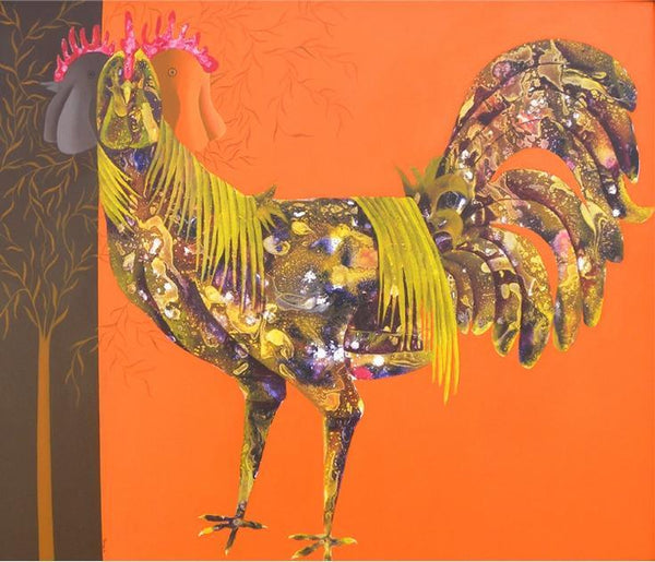 Animals acrylic painting titled 'The Beautiful Hen', 36x30 inches, by artist Abhiram Bairu on Canvas