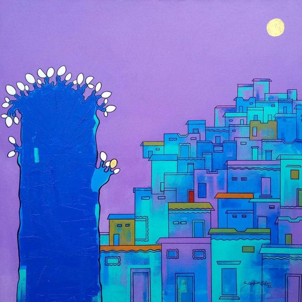 Cityscape acrylic painting titled 'The Beauty Of Village', 33x33 inches, by artist Shankar Lohar on Paper