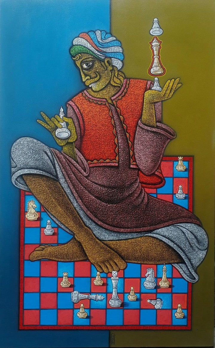 Figurative acrylic painting titled 'The Being King', 48x30 inches, by artist Satyajeet Shinde on Canvas