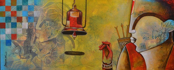 contemporary mixed media titled 'The bell of devotion', 20x48 inches, by artist Anupam Pal on canvas