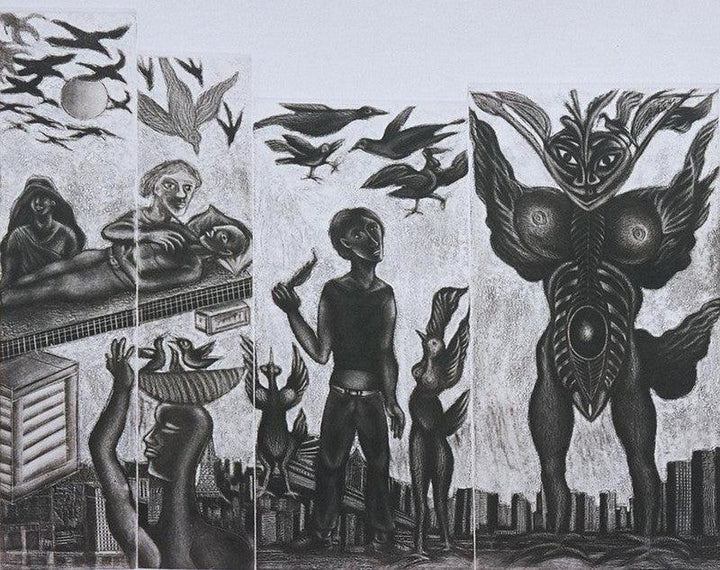 Figurative printmaking titled 'The Bird Flu', 17x22 inches, by artist Sushanta Guha on Paper