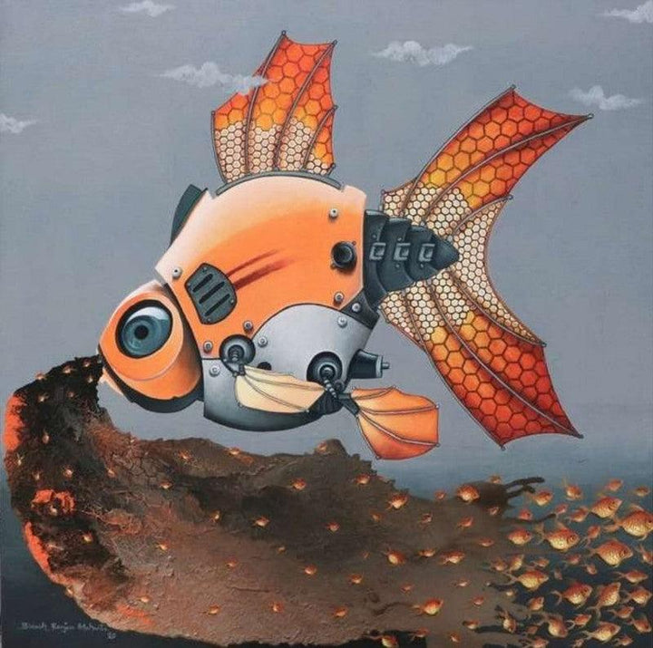 Animals acrylic painting titled 'The Birth Of Fish From Mechanical Fish', 36x36 inches, by artist Bikash Mohanta on Canvas