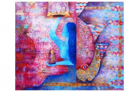 Figurative mixed media painting titled 'The Blessing', 30x30 inches, by artist Poonam Agarwal on Canvas