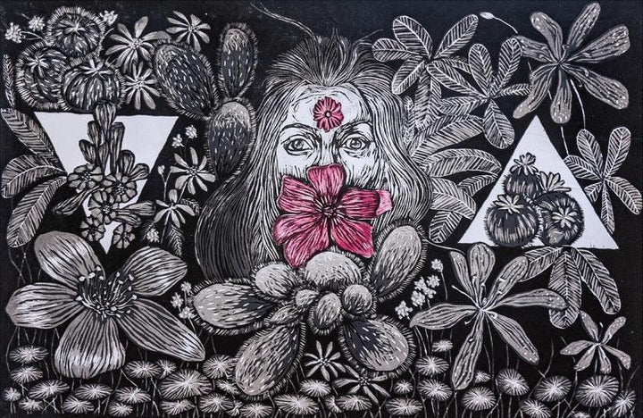 Figurative printmaking titled 'The Blooming Cactus', 23x36 inches, by artist Prachi Sahasrabudhe on Paper