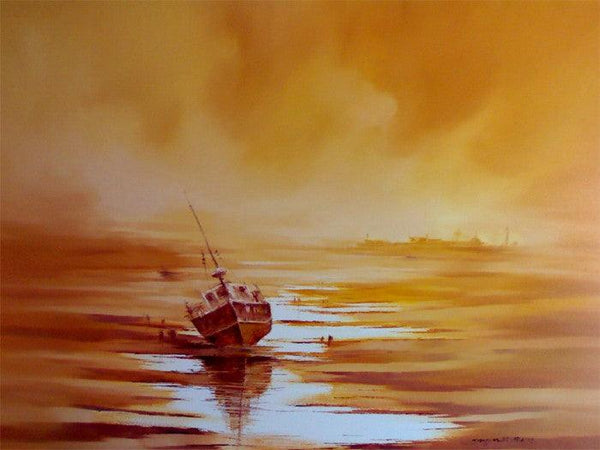 Seascape oil painting titled 'The Boat', 36x48 inches, by artist Narayan Shelke on Canvas