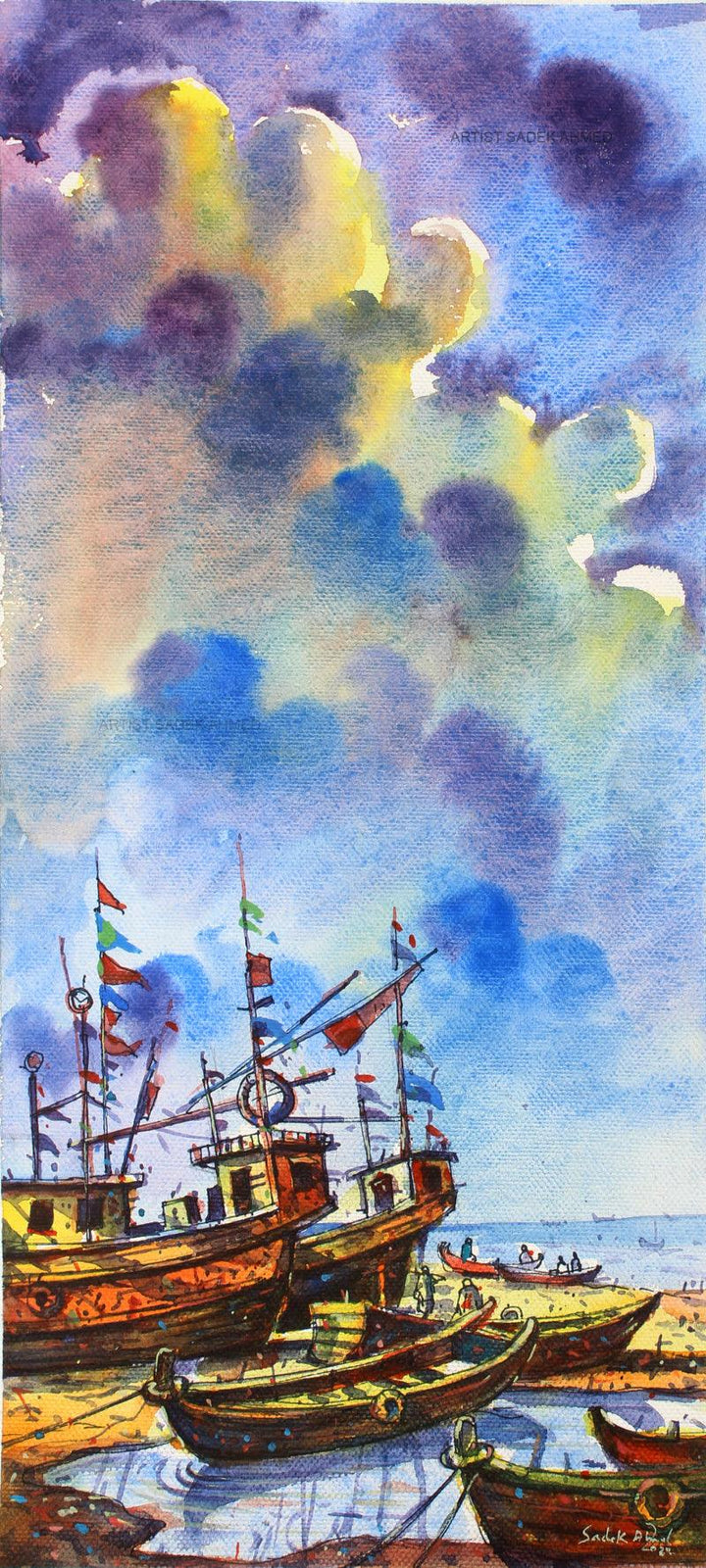 Landscape watercolor painting titled 'The Boats 1', 8x20 inches, by artist Sadek Ahmed on Paper