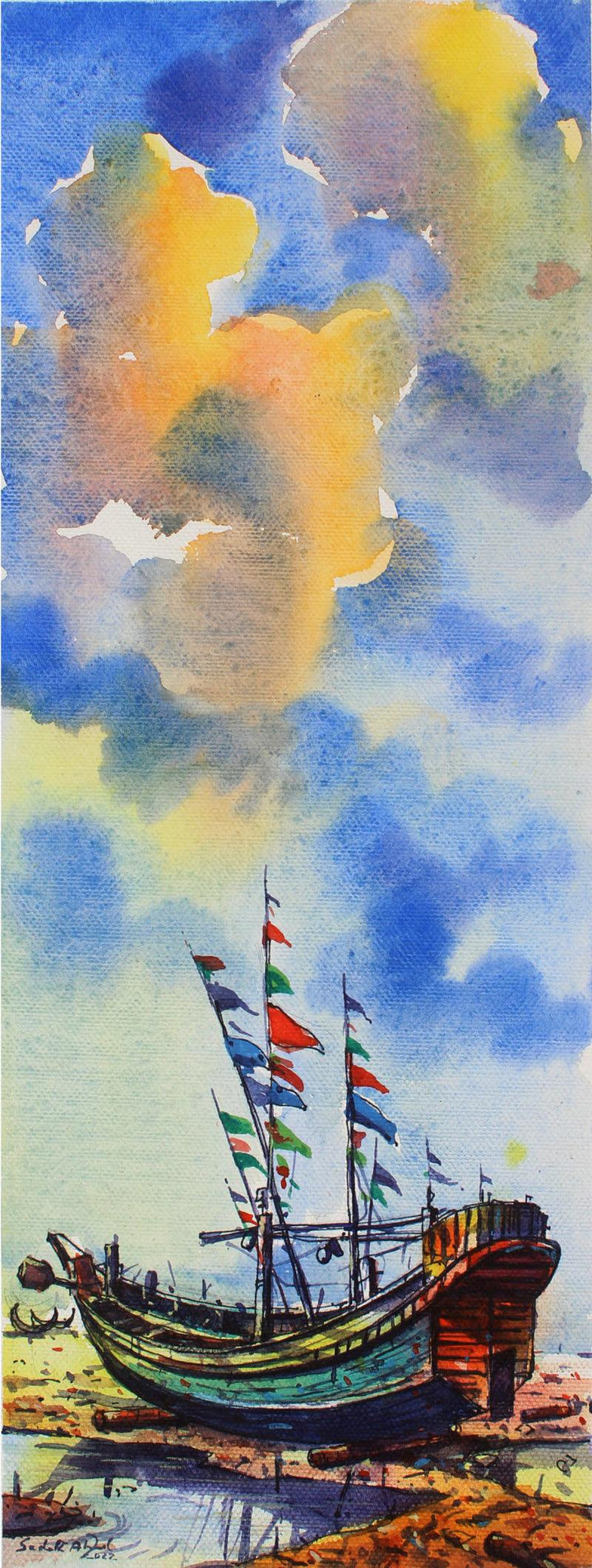 Landscape watercolor painting titled 'The Boats 2', 8x20 inches, by artist Sadek Ahmed on Paper