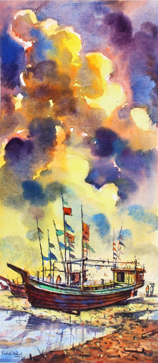 Landscape watercolor painting titled 'The Boats 3', 8x20 inches, by artist Sadek Ahmed on Paper