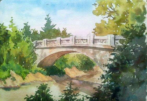 Landscape watercolor painting titled 'The bridge', 11x15 inches, by artist Gaurishankar Behera on Paper