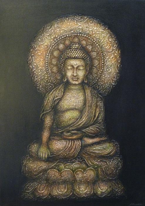 Figurative mixed media painting titled 'The Buddha', 46x33 inches, by artist Ashok Revankar on Canvas