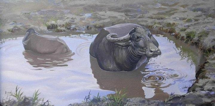 Animals acrylic painting titled 'The Buffalo', 20x33 inches, by artist Bijay Biswaal on Canvas