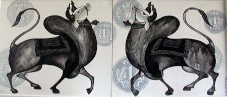 Animals acrylic painting titled 'The Bull Pair', 18x42 inches, by artist Vivek Kumavat on Canvas