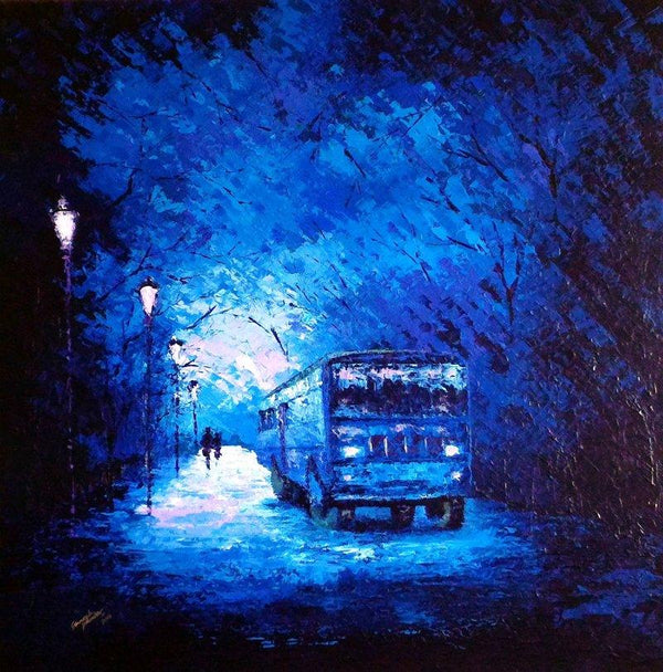 Nature acrylic painting titled 'The Bus Ride', 36x36 inches, by artist Ganesh Panda on Canvas