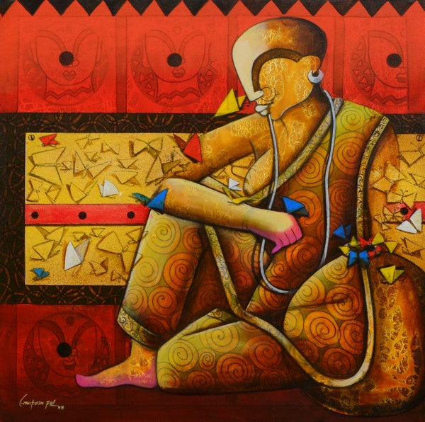 Figurative acrylic painting titled 'The butterflies whisper', 36x36 inches, by artist Anupam Pal on Canvas