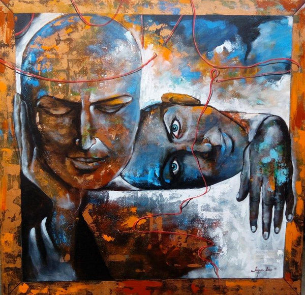 Figurative acrylic painting titled 'The Caring Couple', 36x36 inches, by artist Arjun Das on Canvas