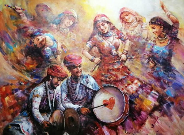 Figurative acrylic painting titled 'The Celebration Gangour 4', 62x78 inches, by artist Ranjit Sarkar on Canvas