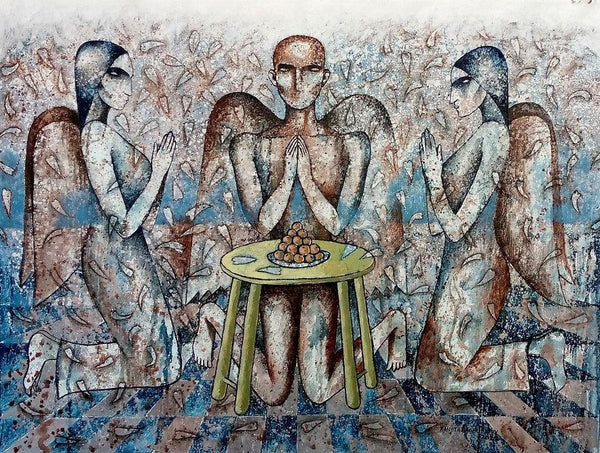 Figurative mixed media painting titled 'The Chamber Of Extreme Ecstasy', 30x40 inches, by artist Ranjith Raghupathy on Canvas