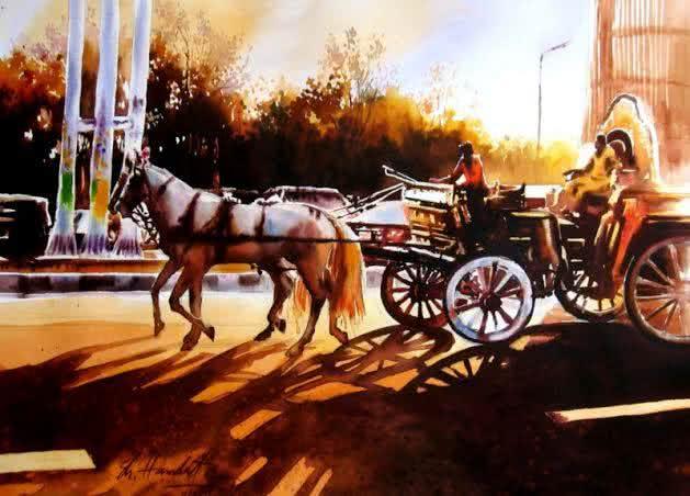 Landscape watercolor painting titled 'The Chariot', 20x26 inches, by artist Hamlet Shougrakpam on Acid Free Paper