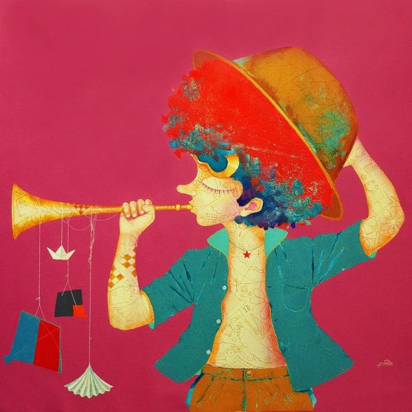 Lifestyle acrylic painting titled 'The Childhood 26', 36x36 inches, by artist Shiv Kumar Soni on Canvas