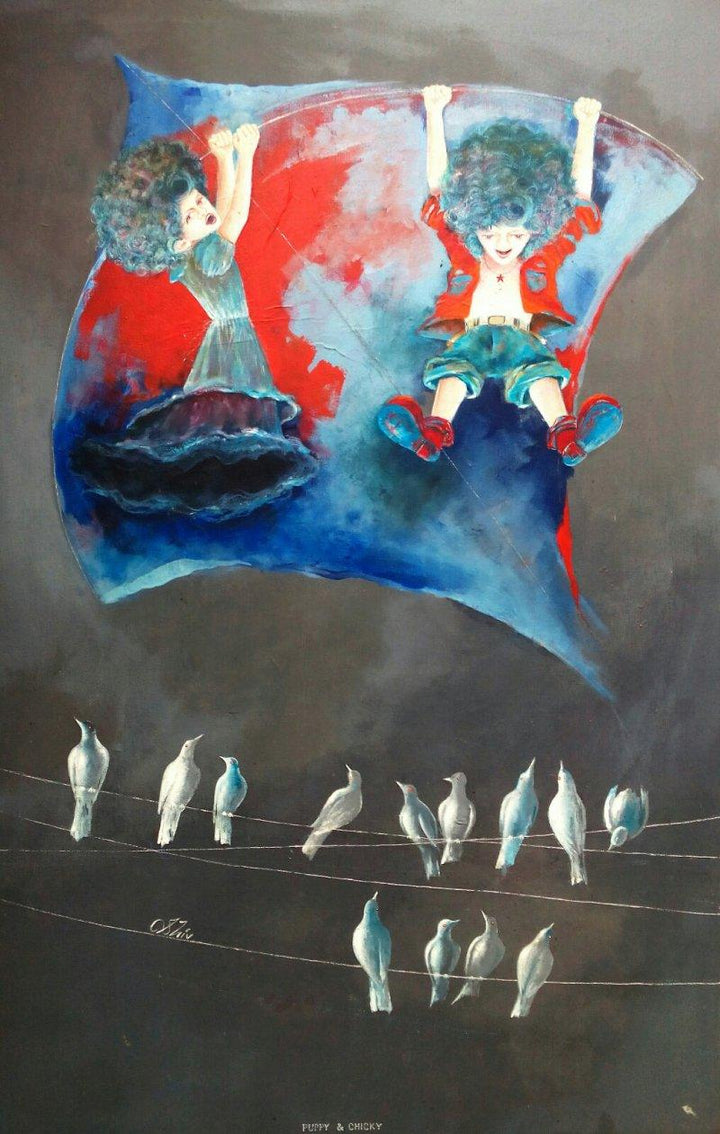 Fantasy acrylic painting titled 'The childhood swinging with kite', 36x34 inches, by artist Shiv kumar Soni on Canvas