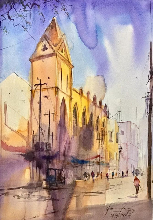 Cityscape watercolor painting titled 'The Church Lane', 18x13 inches, by artist Mohd Qaseem Farooqui on Paper