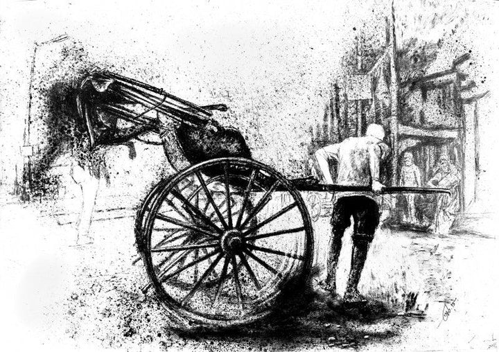 Figurative charcoal drawing titled 'The City Dust Charcoal On Paper', 31x22 inches, by artist Pratap Chakraborty on Paper