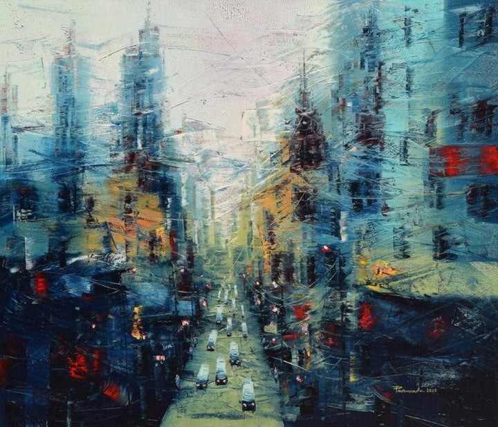 Cityscape oil painting titled 'The City Of Joy 2', 36x42 inches, by artist Purnendu Mandal on Canvas