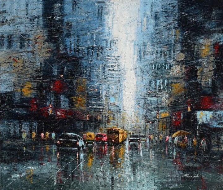 Cityscape oil painting titled 'The City Of Joy', 36x42 inches, by artist Purnendu Mandal on Canvas