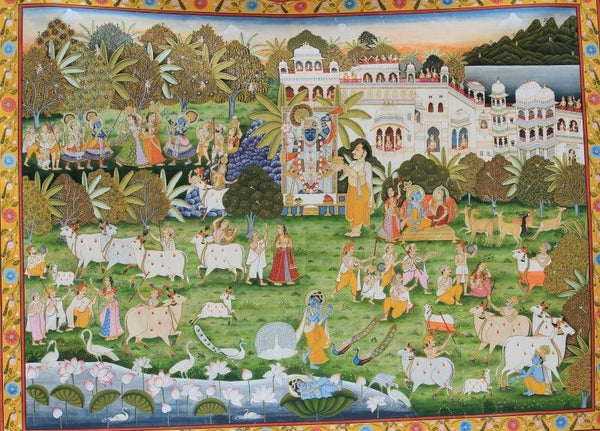 Religious pichwai traditional art titled 'The City Of Krishna Gokul Pichwai Painti', 72x96 inches, by artist Yugdeepak Soni on Cloth