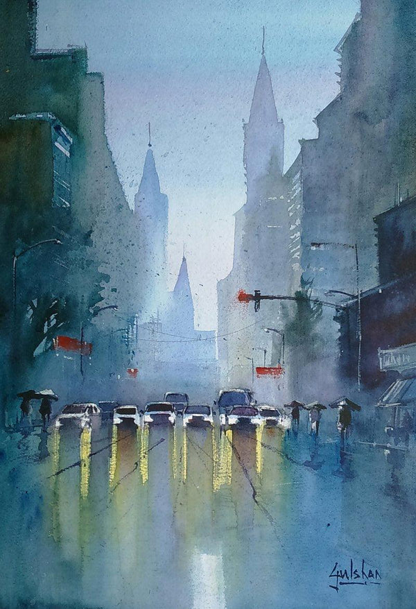 Cityscape watercolor painting titled 'The Confusing Red Light', 18x13 inches, by artist Gulshan Achari on Paper