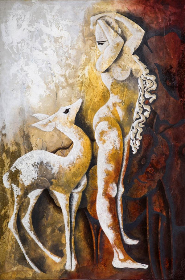 Nude mixed-media painting titled 'The Connect 2', 72x48 inch, by artist Ruchi Singhal on Canvas