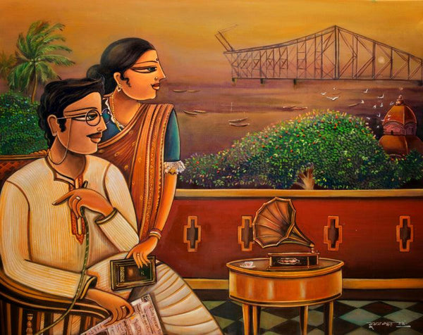 Figurative acrylic oil painting titled 'The Construction Of Howrah Bridge', 24x30 inches, by artist Sumon Naskar on Canvas