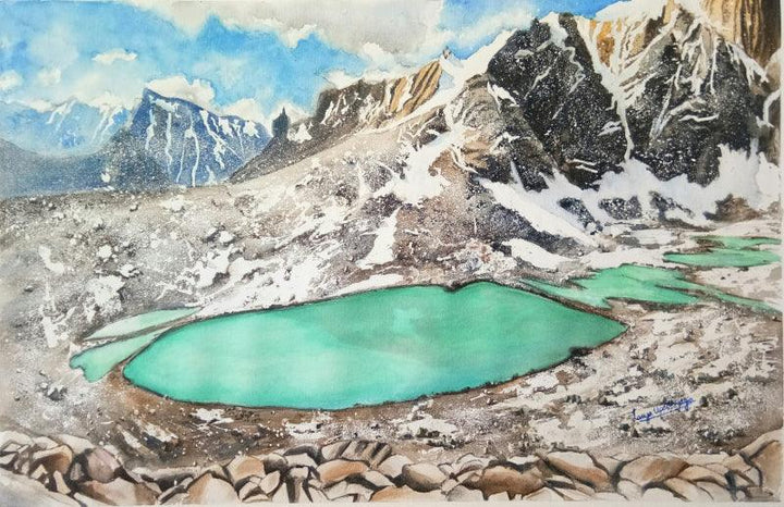 Landscape watercolor painting titled 'The cradle of great beginnings', 21x14 inches, by artist Lasya Upadhyaya on Paper