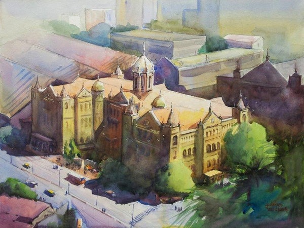 Cityscape watercolor painting titled 'The Crown In Glory', 21x15 inches, by artist Gulshan Achari on Paper